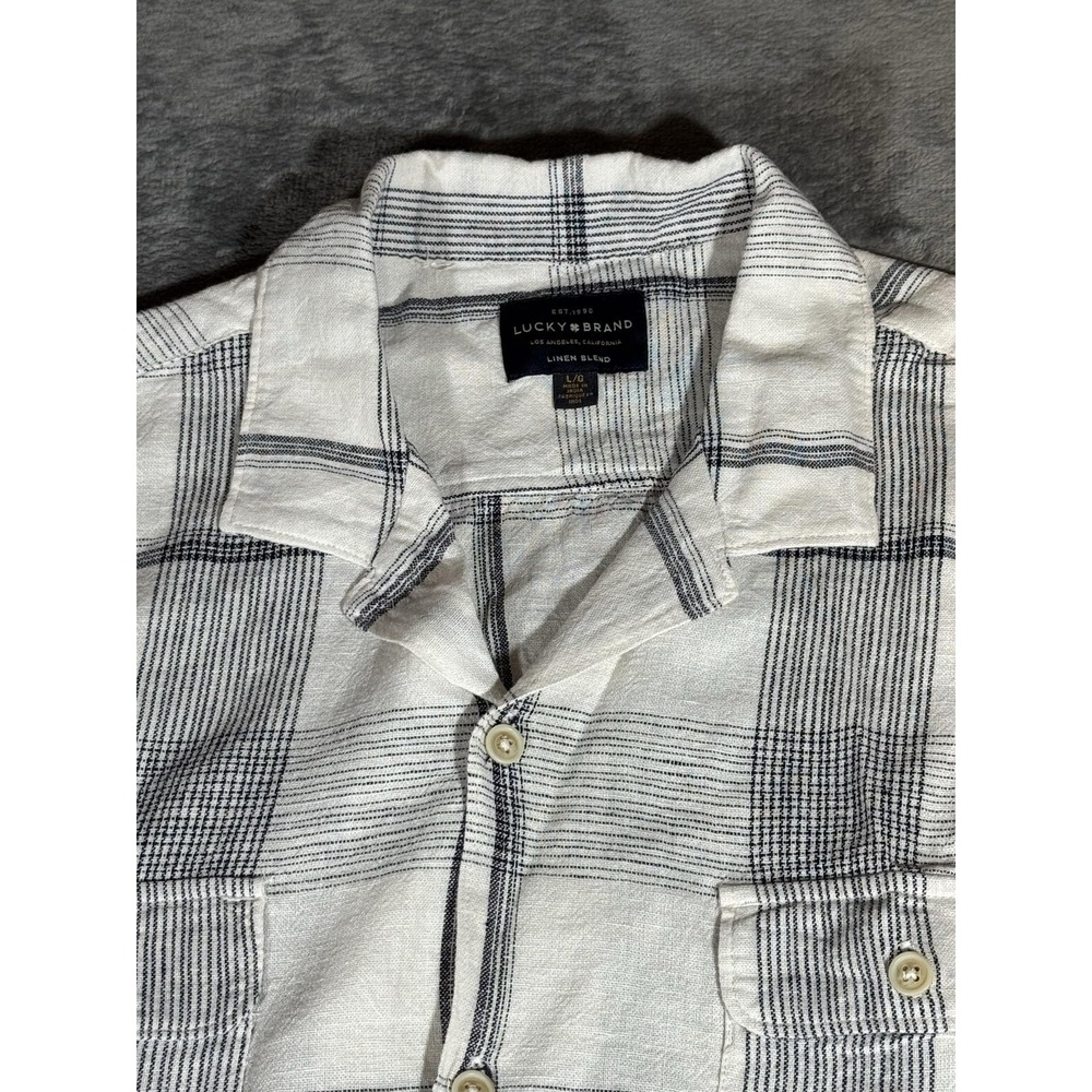 Lucky Brand Shirt Mens Large White Short Sleeve Button Up Linen Blend Plaid - Picture 2 of 13